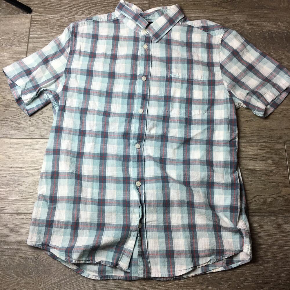 RVCA Blue Grey Plaid Short Sleeve Button Up Shirt Medium Regular Fit 100% Cotton